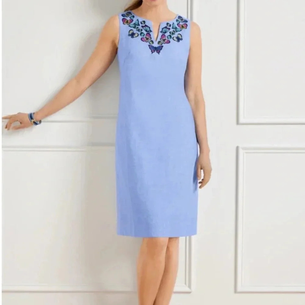 NWT Talbots Linen Blend Dress Plus 22W Embroidered Butterfly Sleeveless Blue